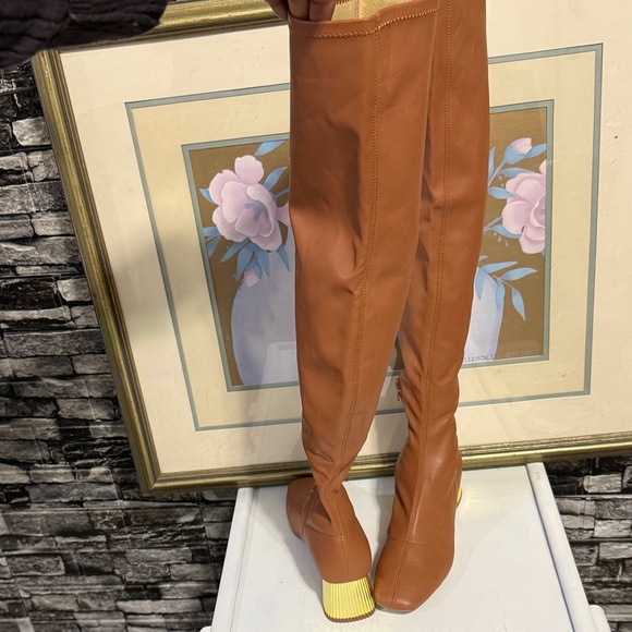 Brown Over-the-Knee Boots with Gold Heel and zipper at the side - Picture 4 of 8